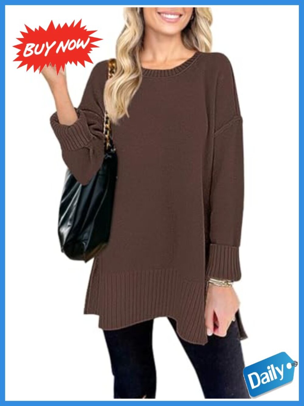 Oversized Tunic Sweater Pullover Drop Shoulder Ribbed Knit Loose Fit Women